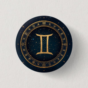 Badge Rond 2,50 Cm Cercle Zodiacal Gémeaux Dorés avec Nuit Étoilée