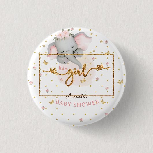 Badge Rond 2,50 Cm C'est une petite fille rose éléphant bébé douche (Devant)