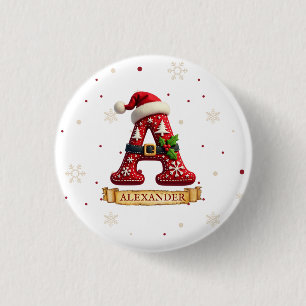 Badge Rond 2,50 Cm Chapeau de Père Noël Rouge Noël Lettre A Nom