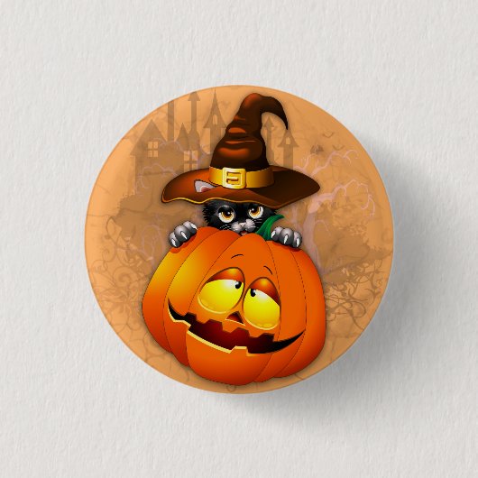 Badge Rond 2,50 Cm Chat à sorcière mignonne et amis Citrouilles d'Hal (Devant)