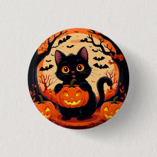 Badge Rond 2,50 Cm Chat de dessin animé et citrouilles sous la pleine