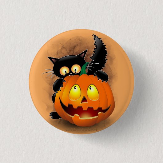 Badge Rond 2,50 Cm Chat Fun Halloween Caractère mordant un Citrouille (Devant)