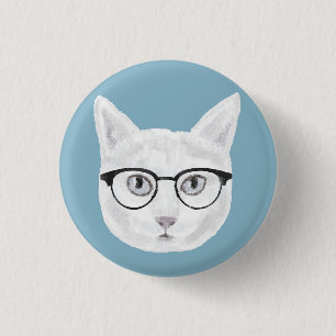 Badge Rond 2,50 Cm Chat Hipster Blanc Portant des lunettes