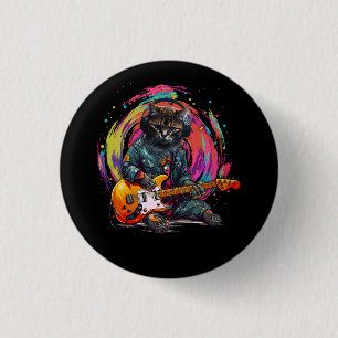 Badge Rond 2,50 Cm Chat Jouer Guitare Électrique Rock Heavy Metal Mus