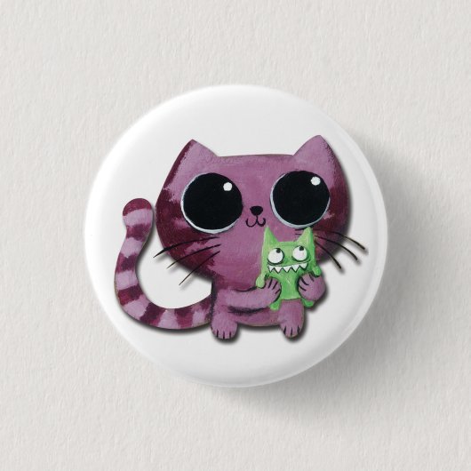 Badge Rond 2,50 Cm Chat mignon de Kitty avec le petit monstre vert (Devant)