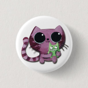 Badge Rond 2,50 Cm Chat mignon de Kitty avec le petit monstre vert
