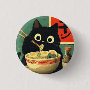 Badge Rond 2,50 Cm Chat noir drôle mangeant du Ramen