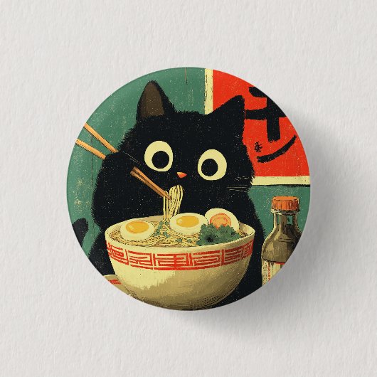Badge Rond 2,50 Cm Chat noir drôle mangeant du Ramen (Devant)