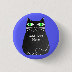Badge Rond 2,50 Cm Chat noir gras avec yeux verts Texte personnalisé 
