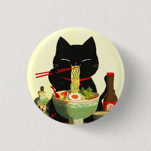 Badge Rond 2,50 Cm Chat noir heureux mangeant du Ramen Ukiyo-e japo