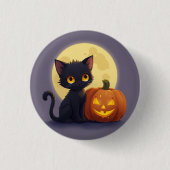 Badge Rond 2,50 Cm Chat noir mignon avec Citrouille sculpté brillant (Devant)