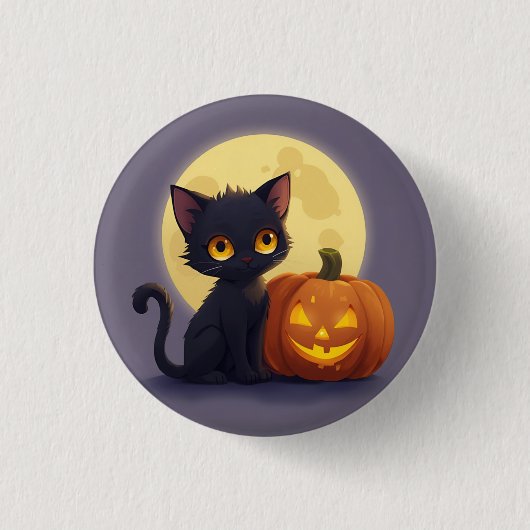 Badge Rond 2,50 Cm Chat noir mignon avec Citrouille sculpté brillant (Devant)