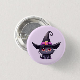 Badge Rond 2,50 Cm Chat noir mignon portant un Casquette de sorcière