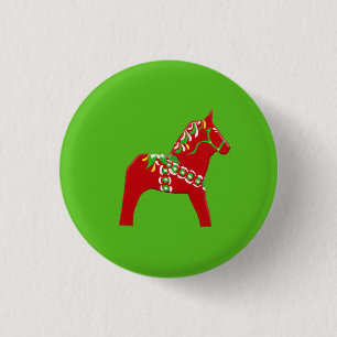 Badge Rond 2,50 Cm Cheval de Dala en Rouge et Vert