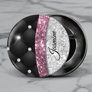 Badge Rond 2,50 Cm Chic fille faux paillettes argent noir rose monogr