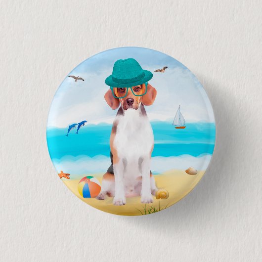 Badge Rond 2,50 Cm Chien beagle Sur La Plage (Devant)
