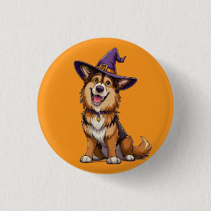 Badge Rond 2,50 Cm Chien heureux portant un chapeau de sorcière