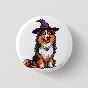Badge Rond 2,50 Cm Chien heureux portant un chapeau de sorcière