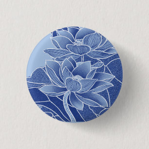 Badge Rond 2,50 Cm Chinoiserie classique Fleurs de Lotus Bleues Chic