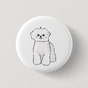 Badge Rond 2,50 Cm Chiot Maltais Blanc Dessiné à la Main