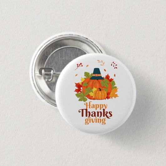 Badge Rond 2,50 Cm Citrouille bon thanksgiving avec Casquette et Feui (Devant & derrière)