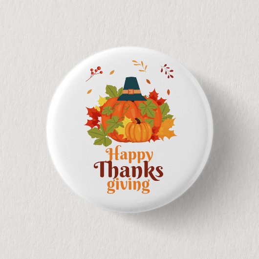 Badge Rond 2,50 Cm Citrouille bon thanksgiving avec Casquette et Feui (Devant)