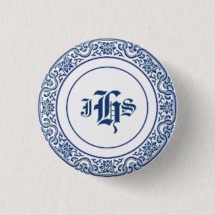 Badge Rond 2,50 Cm Classic Retro Personnalisé Monogramme Motif Bleu