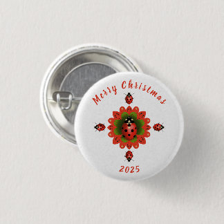 Badge Rond 2,50 Cm Coccinelle de Noël Rouge Vert Blanc Carré