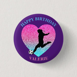 Badge Rond 2,50 Cm Coeur de la fille de football "Joyeux anniversaire