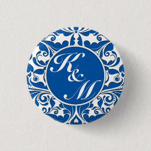 Badge Rond 2,50 Cm Coeur HeartyParty Bleu et blanc Damas
