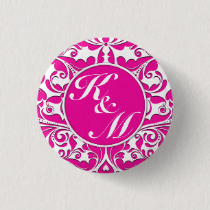 Badge Rond 2,50 Cm Coeur HeartyParty Pink Magenta & White Damask