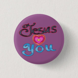 Badge Rond 2,50 Cm Cœur rose «Jésus vous aime» sur fond violet