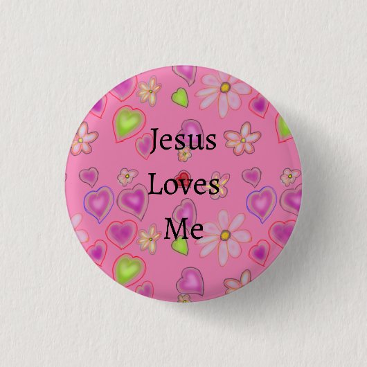 Badge Rond 2,50 Cm Coeurs roses Fleurs blanches Jésus m'aime (Devant)