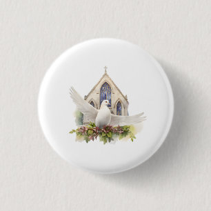 Badge Rond 2,50 Cm Colombe blanche avec église
