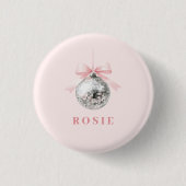 Badge Rond 2,50 Cm Coquette personnalisée Disco Ball rose ruban (Devant)