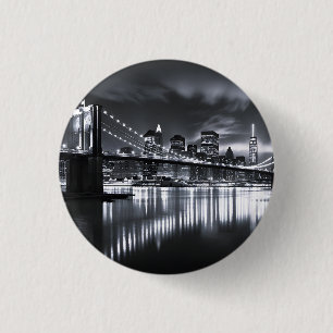 Badge Rond 2,50 Cm Coucher de New York Pont de Brooklyn Monochrome Nu