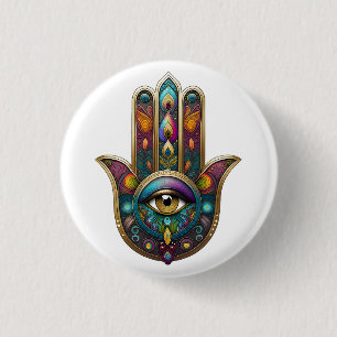 Badge Rond 2,50 Cm Couleurs de paon Hamsa avec Troisième Œil en or