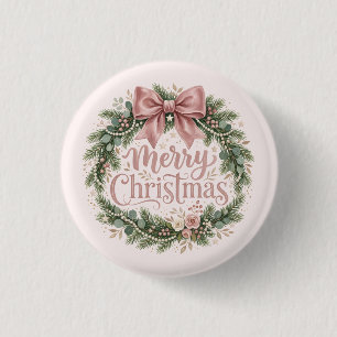 Badge Rond 2,50 Cm Couronne de Noël traditionnelle rose Pinkmas