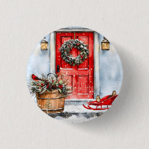 Badge Rond 2,50 Cm Couronne de porte de Noël rouge hivernal rustique