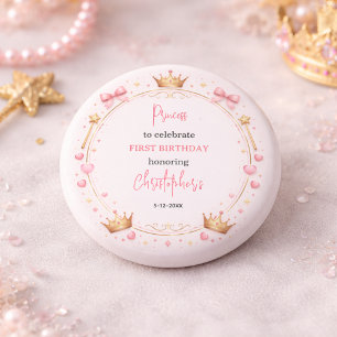 Badge Rond 2,50 Cm Couronne Princesse en Or Rose Conte de Fées 1er An