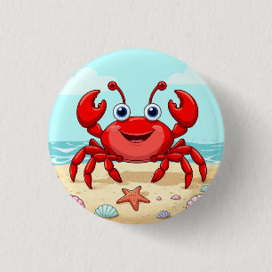 Badge Rond 2,50 Cm Crabe rouge caricaturale gai sur une plage avec co