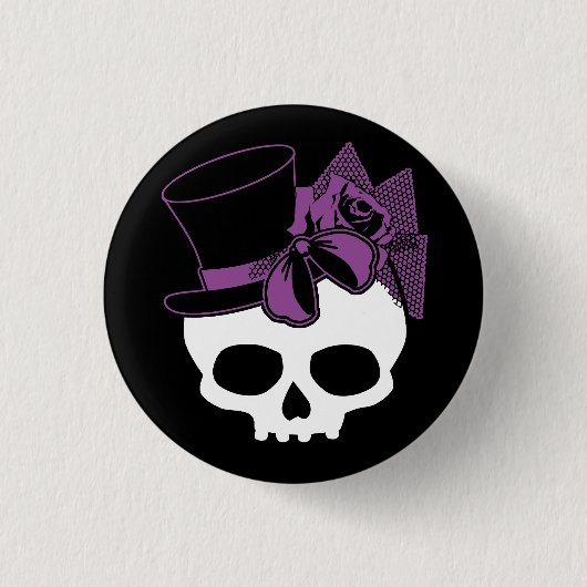 Badge Rond 2,50 Cm Crâne mignon Avec Haut Chapeau Violet Rose Bouton (Devant)