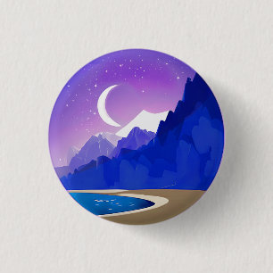 Badge Rond 2,50 Cm Crescent Moon, Lac et Montagnes en Violet & Bleu