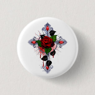 Badge Rond 2,50 Cm Croix d'argent avec une rose rouge