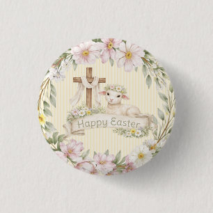 Badge Rond 2,50 Cm Croix florale et agneau Joyeuses Pâques