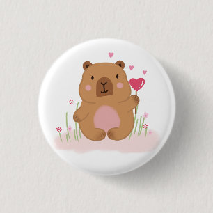 Badge Rond 2,50 Cm Cute Capybara Montgolfière Rose Baby Shower