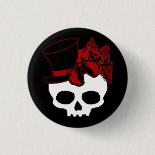 Badge Rond 2,50 Cm Cute Crâne avec Rose Chapeau supérieur Bouton Bow