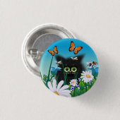 Badge Rond 2,50 Cm Cute Fluffy Black Kitten et Daisy Art (Devant & derrière)