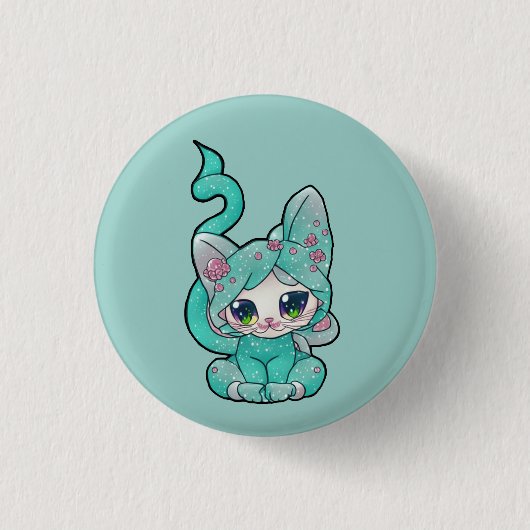 Badge Rond 2,50 Cm Cute Kawaii Turquoise Kitten (Devant)