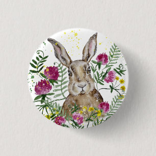 Badge Rond 2,50 Cm Cute lapin en fleurs d'aquarelle